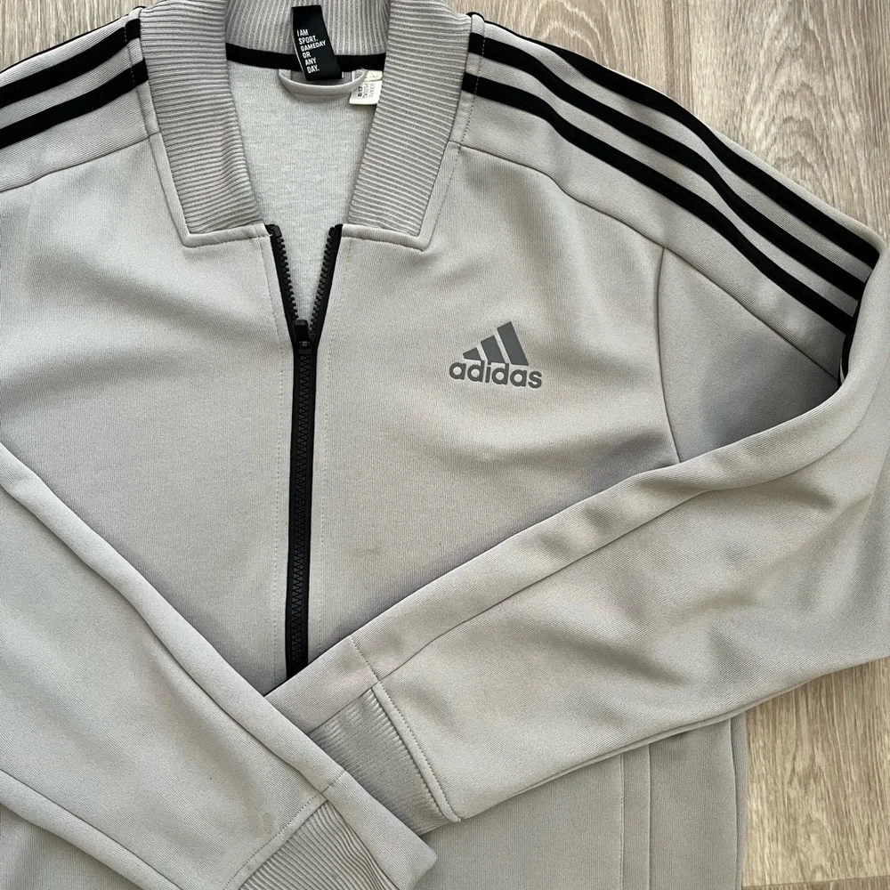 Adidas Men's Gray Zip-Up Sweater with Black Stripes